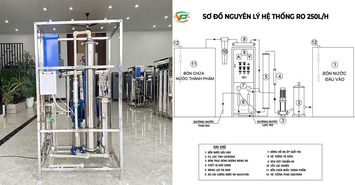 Bản vẽ sơ đồ nguyên lý hệ thống RO công suất 250 lít/giờ của Việt Phát