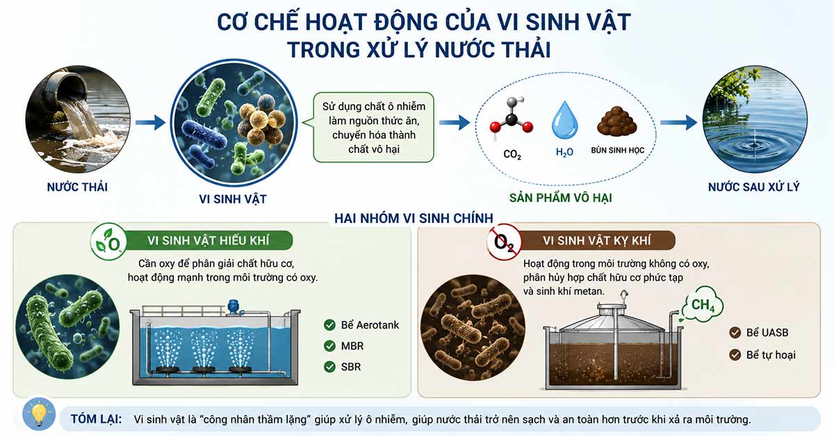 Cơ chế hoạt động của vi sinh vật trong xử lý nước thải