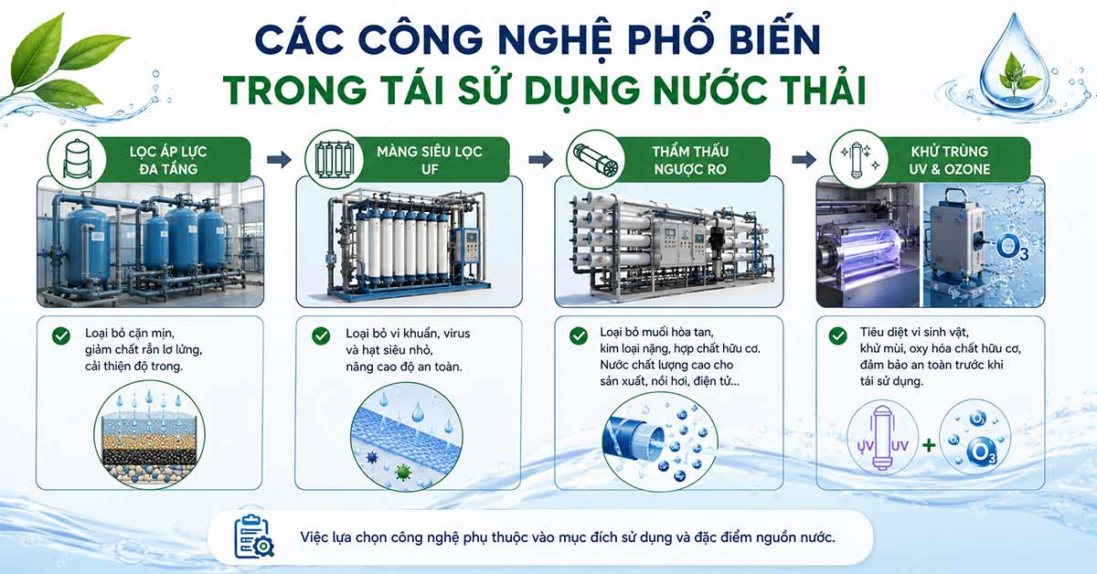 Các công nghệ phổ biến trong tái sử dụng nước
