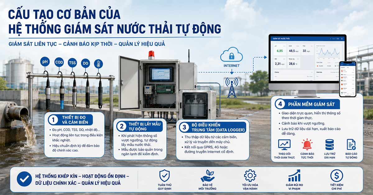 Cấu tạo cơ bản của hệ thống giám sát nước thải tự động