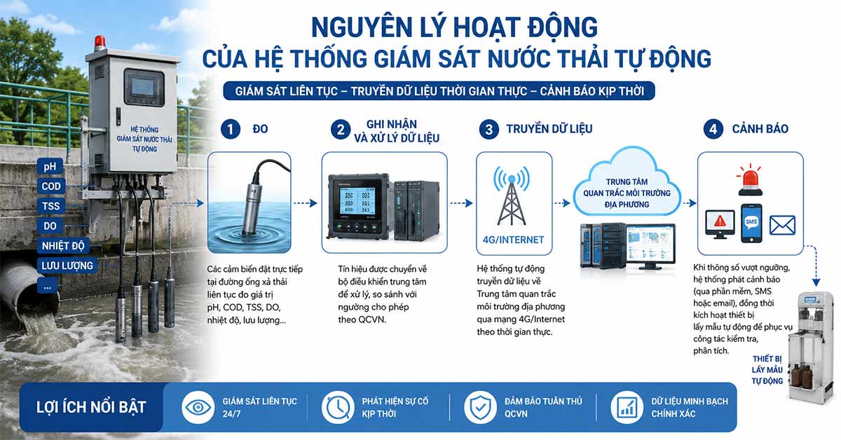 Nguyên lý hoạt động của hệ thống giám sát nước thải tự động