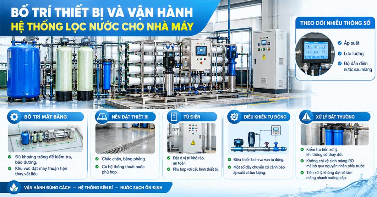 Bố trí thiết bị và vận hành hệ thống lọc nước cho nhà máy