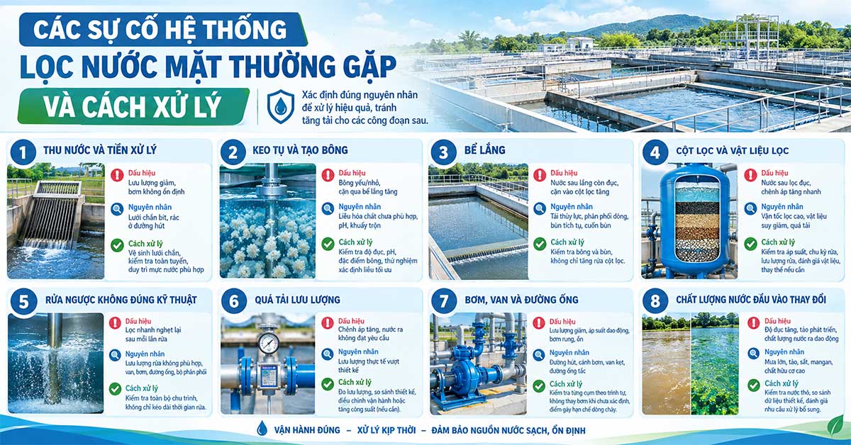 Các sự cố hệ thống lọc nước mặt thường gặp và cách xử lý