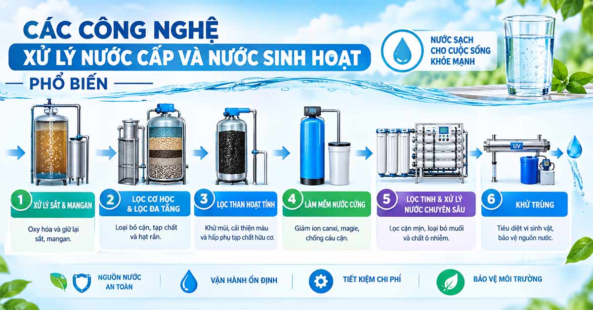 Các công nghệ xử lý nước cấp và nước sinh hoạt phổ biến