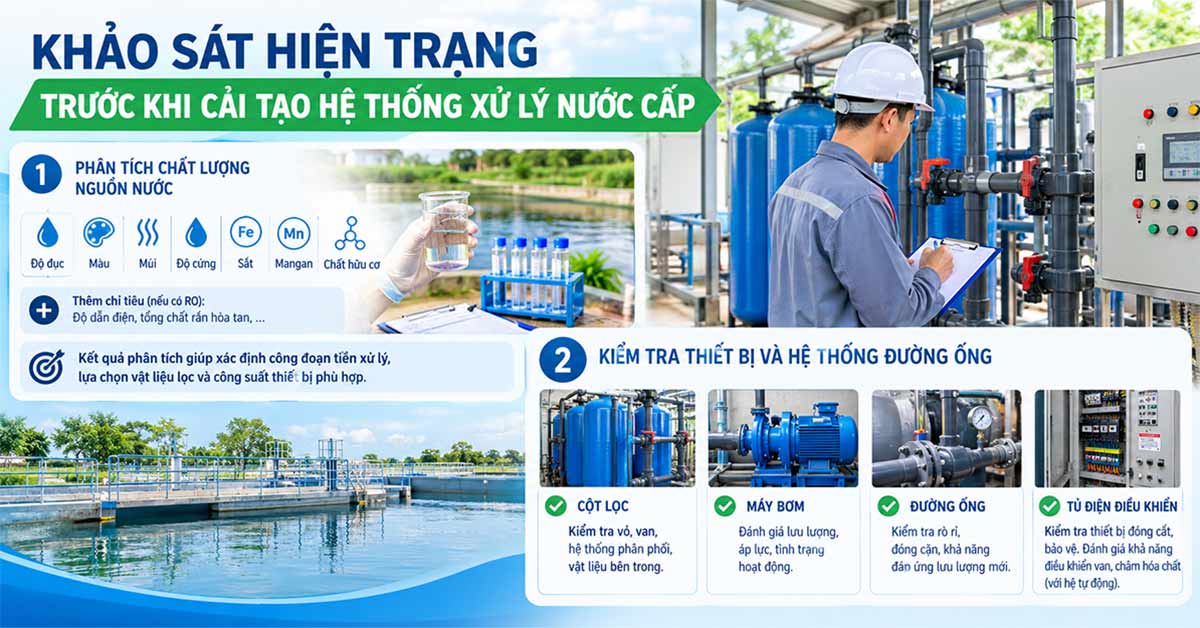 Khảo sát hiện trạng trước khi cải tạo hệ thống xử lý nước cấp