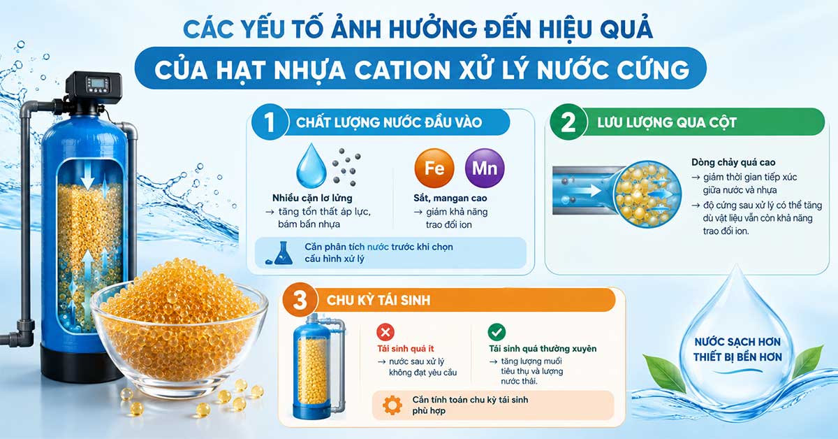 Các yếu tố ảnh hưởng đến hiệu quả của hạt nhựa cation xử lý nước cứng