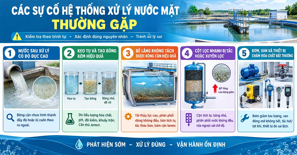 Các sự cố hệ thống xử lý nước mặt thường gặp