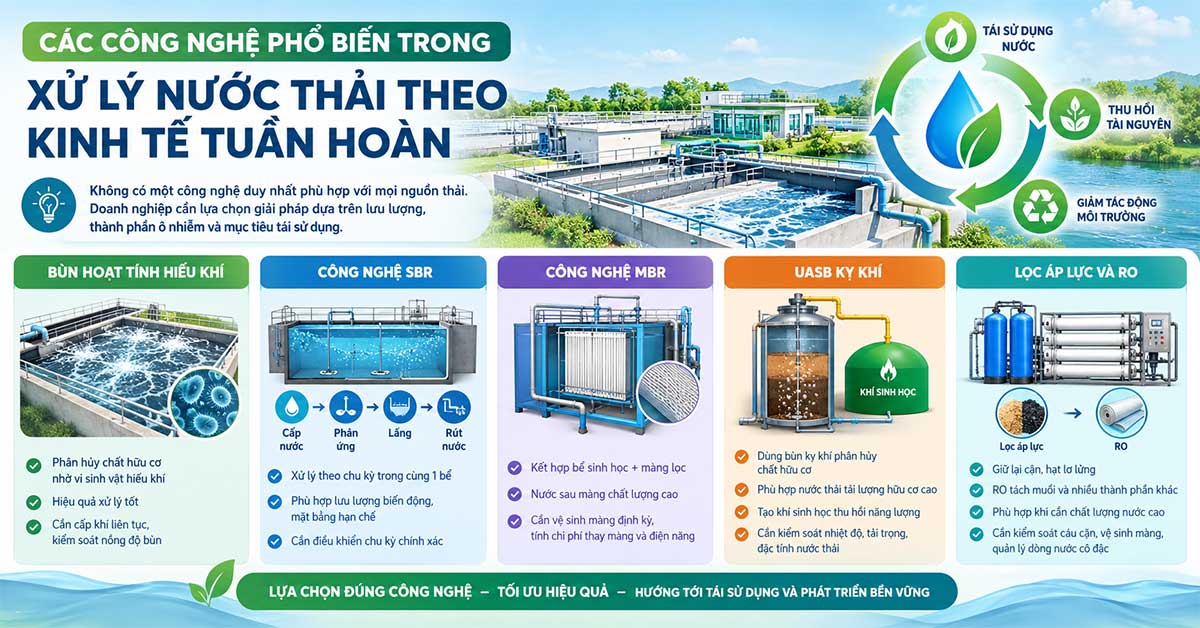 Các công nghệ phổ biến trong xử lý nước thải tuần hoàn