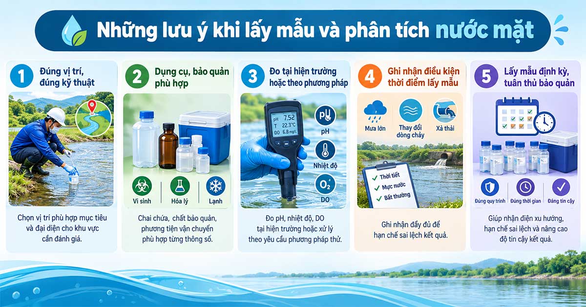 Những lưu ý khi lấy mẫu và phân tích nước mặt