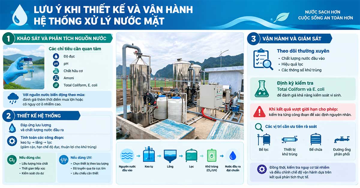 Lưu ý khi thiết kế và vận hành hệ thống xử lý nước mặt