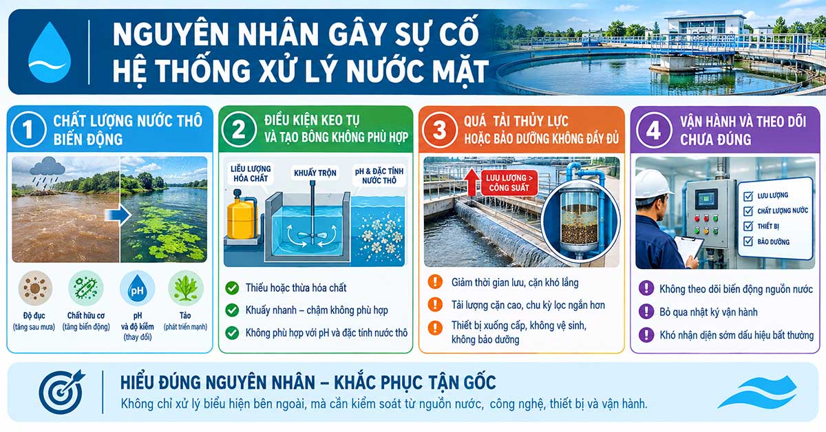 Nguyên nhân gây sự cố hệ thống xử lý nước mặt