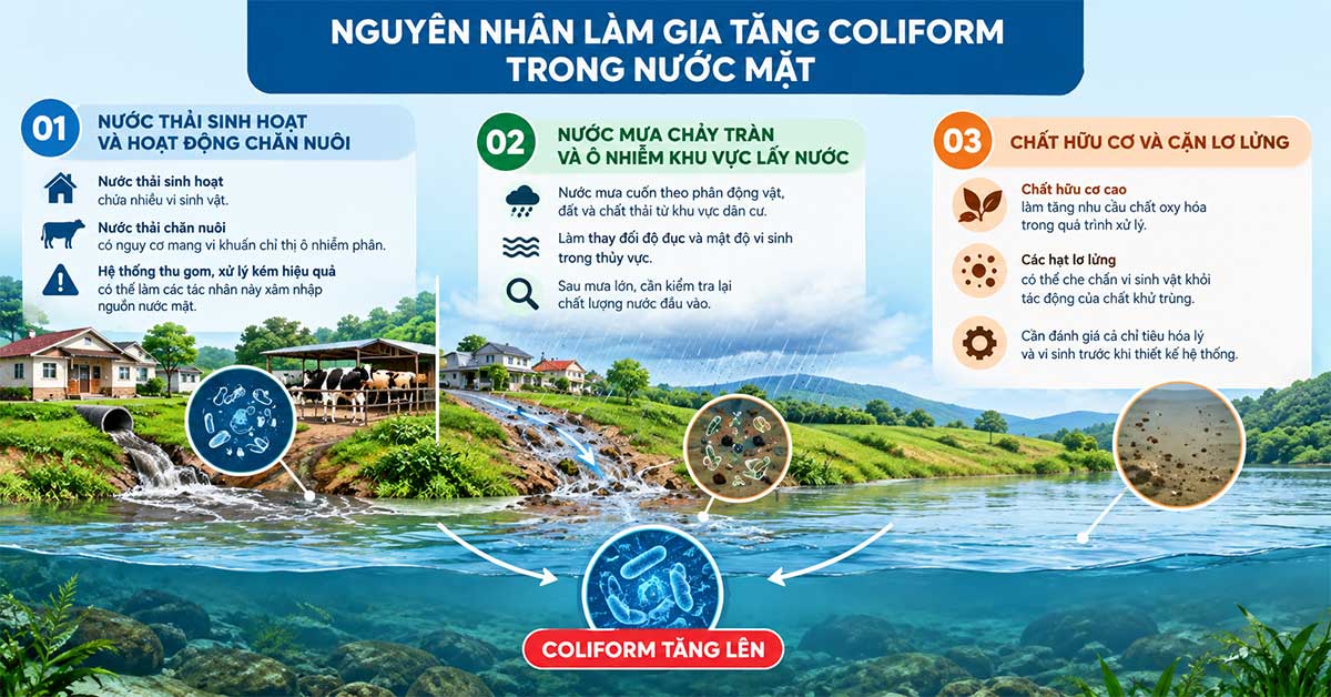 Nguyên nhân làm gia tăng Coliform trong nước mặt