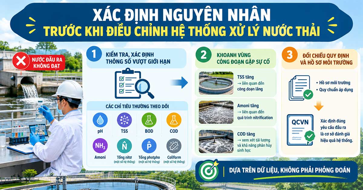 Xác định nguyên nhân trước khi điều chỉnh hệ thống xử lý nước thải